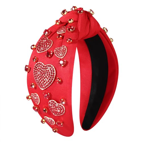 JERTOCLE Heart Headband for Women Valentine's Day Knotted Headband Beaded Rhinestone Heart Hairband Crystal Galentines Day Top Knot Head Band Valentine's Day Hair Accessories Holiday Gifts (Red)