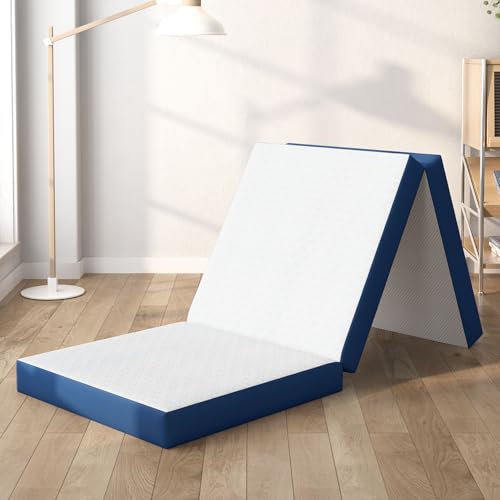 Foldable Mattress Single Size, 4 Inch Tri-Fold Gel Memory Foam Mattress with Washable Cover, Portable Floor Bed for Guest, Camping, Travel & Dormitory, Black (White)