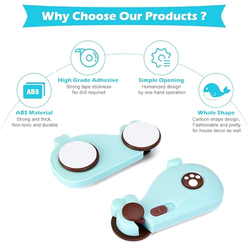 Image of GLUN 2 Piece Whale Shape Baby Safety Drawer Lock with Strong Adhesive, No-Drill Child Proof Cabinet & Fridge Lock, Double-Sided Tape for Drawers, Cupboards & Cabinets