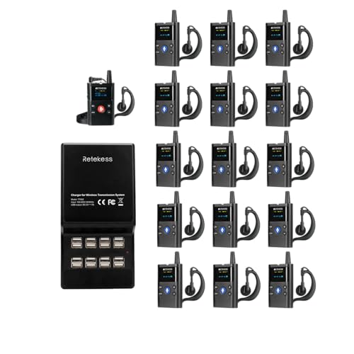Retekess TT126 Two‐way Tour Guide Headsets, 2 Way Communication Device para Fábrica, Escuela, 280m/918ft, Emparejamiento Automático y Silencio con un Toque, con 1 Transmisor 15 Receptores y 1 Cargador USB miniatura 1