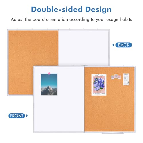Magnetic White Board and Cork Board Combo, 48 X 36 inches Whiteboard Bulletin Combination Board, Wall Mounted Dry Erase Message Board for Home, School and Office