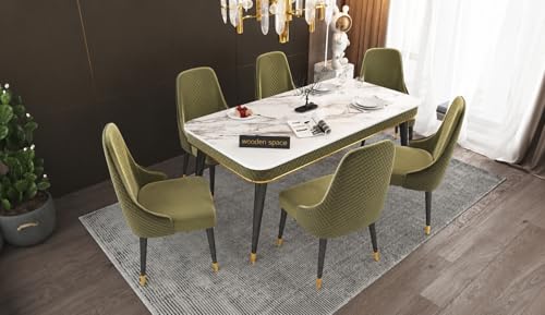 Image of WOODEN SPACE 6-Seater Wooden Dining Table Set | Nano Composite Marble Top | Solid Wood Base | Modern Dining Room Furniture with 6 Chairs (Light Green Vento)