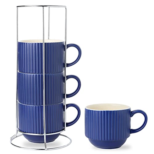 Hasense Coffee Mug Ceramic Set Of 4 With Stand - 15 Oz Stackable Large Porcelain Ribbed Latte Cup Sets For Cappuccino, Tea, Espresso, Hot Cocoa, Drinks - Dishwasher & Microwave Safe, Blue #TOP10