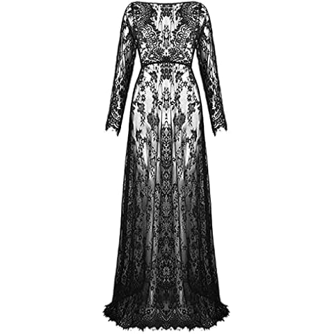 ZIUMUDY Sexy Deep V-Neck Long Sleeve Lace Beach See-Through Maternity Maxi Dress (Small, Black) Cover