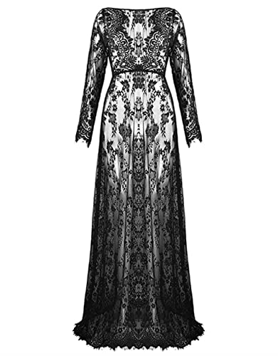 ZIUMUDY Sexy Deep V-Neck Long Sleeve Lace Beach See-Through Maternity Maxi Dress
