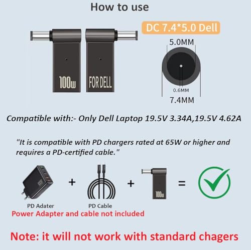 Image of Tobo USB C to DC Adapter, USB C Female to Male DC 7.4 x 5.0mm Barrel Jack Plug Converter, 100W 5A PD Portable Power Charger Connector for DEL Laptop