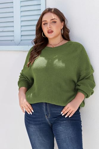 Women's Plus Size Oversized Sweater Crew Neck Batwing Puff Long Sleeve Slouchy Pullover Chunky Knit Jumper Tops Army Green 5X-Large2