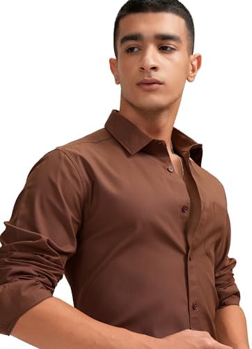 Highlander Men Polyester Slim Fit Shirt (PHSH000175_Peanut M), Brown