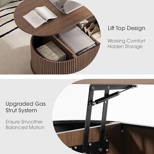 Image of JOINICE Oval Lift Top Coffee Table with Storage for Living Room,43 inch,Walnut | Large Hidden Storage,Mid Century Fluted Panel,Pop Up Center Table with Wooden Legs,Lifts to 22.4 inch,Holds 88lbs,Easy Assembly