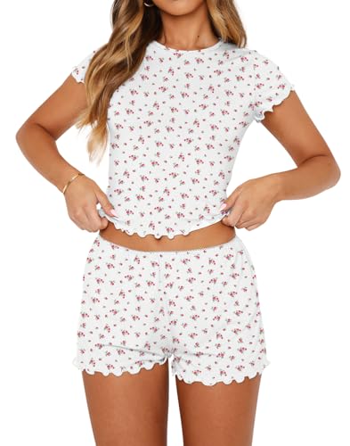 Image of Lacozy Cute Pajamas for Women Set 2 Piece Short Sleeve Pjs Floral Graphic Crop Top Y2K Summer Sleepwear Lounge Set