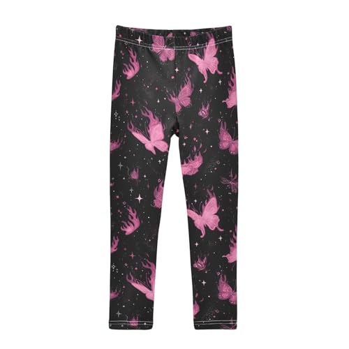 Pink Flame Butterfly Starry Girls Leggings Ultra Soft Compression Yoga Gym Pants for Kids 4-10T