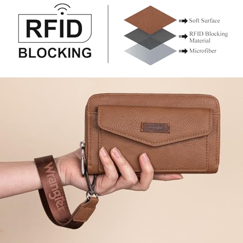 Image of Montana West Wrangler Women's Wallets Wristlet Bifold Rfid Blocking Wallets Large Capacity Brown Wallet for Ladies Female Woman Credit Card Wallet with Zipper Pocket and and Wrist Strap