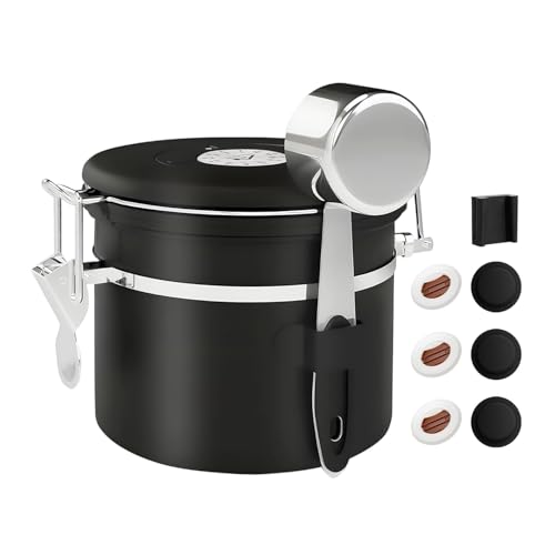 ShanSonコーヒーキャニスター 密封容器 ステンレス コーヒー豆酸化防止 遮光 日付表示 スプーン 単方向排気バルブ付き食品保存缶 砂糖 茶葉 お菓子 珈琲 豆入れ 保存容器 ブラック