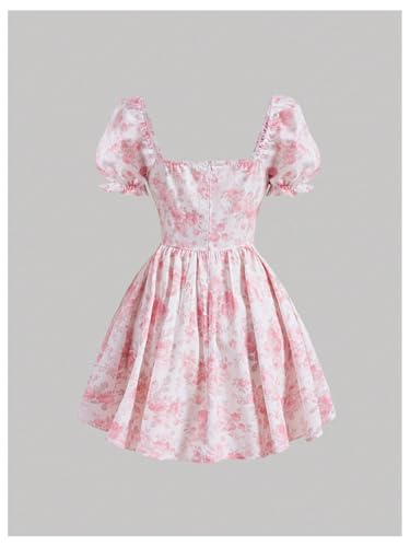Floerns Girl's Floral Lace Up Short Corset Dresses Sweetheart Neck Puff Sleeve Flare Dress3