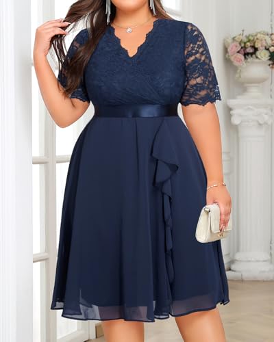 Image of Talisea Plus Size Wedding Guest Dress - Formal Cocktail Party Ruffle Elegant Tea Length Lace Chiffon V Neck Midi Dresses