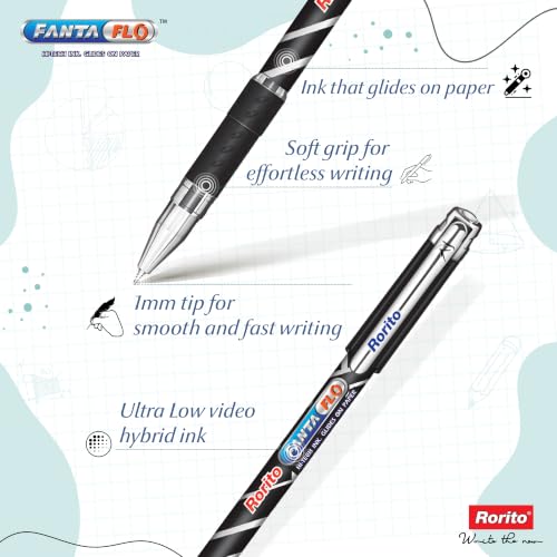 Image of Rorito Fantaflo Ball Pen | Pack of 20 | Revolutionary Glide Ink | Soft Comfort Grip | Attractive Design | Ideal Pen for Students | Black Ink