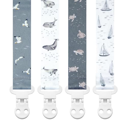 Image of Stadela Baby Pacifier Clip Holder - Girl or Boy Unisex 4 Pack Gift Set – Nautical Blue Whales Boats Turtles (Gone Sailing)