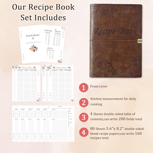 Image of leeveel Blank Recipe Book to Write in Your Own Recipes, 5.6 X 8.2 Recipe Ring Binder with PU Leather Cover, Recipe Journal with 160 Recipes (dark brown)
