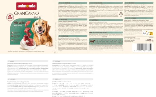 animonda GranCarno Hunde Nassfutter mit Wild (6 x 800 g), getreidefreies Hundenassfutter ohne Zucker, für ausgewachsene Hunde, mit frischen fleischigen Zutaten