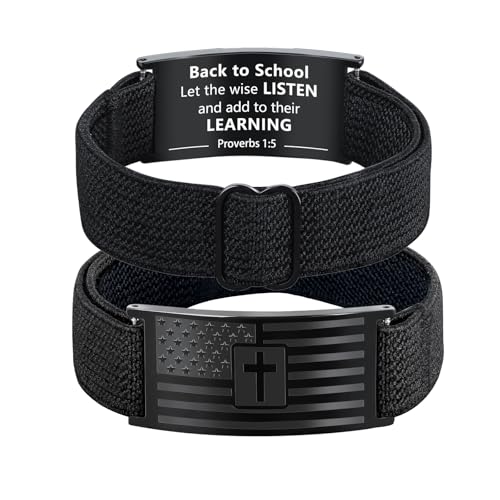 LDOWWGL Easter Basket Stuffers - Mens Bracelet - American Flag Christian Cross Bracelet for Boys - Adjustable Black Elastic Stretch Strap with Bible Verse - Gift for Son Grandson, Proverbs