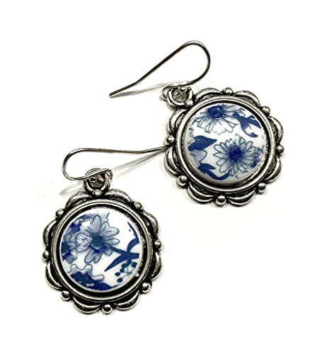 Floral Earrings, Blue White earrings, Sterling silver Ear wire, Handmade by AnnaArt72