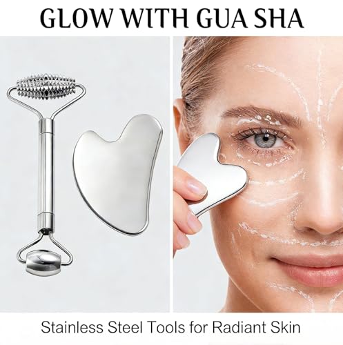 Liedrg Stainless Steel Gua Sha Facial Tools & Face Roller Set - for Face, Chin & Jawline Sculpting, Eye Care — view 6
