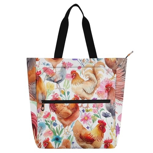 GAIGEO Bolsa sacola de galinhas coloridas com flores vibrantes para crianças e mulheres, amantes de livros, trabalho, escola, bolsa de mão média com zíper