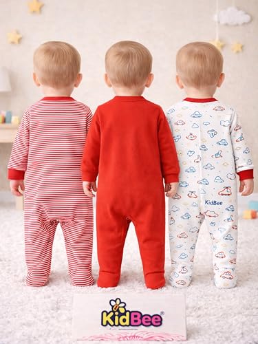 Image of Kidbee Baby Boys & Girls Full Sleeves Cotton Footed Romper Sleepsuit Pack of 3