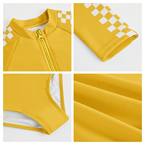 Image of Girls One-Piece Swimsuits Plaid Long Sleeve Beachwear Zip Rash Guard Swimwears