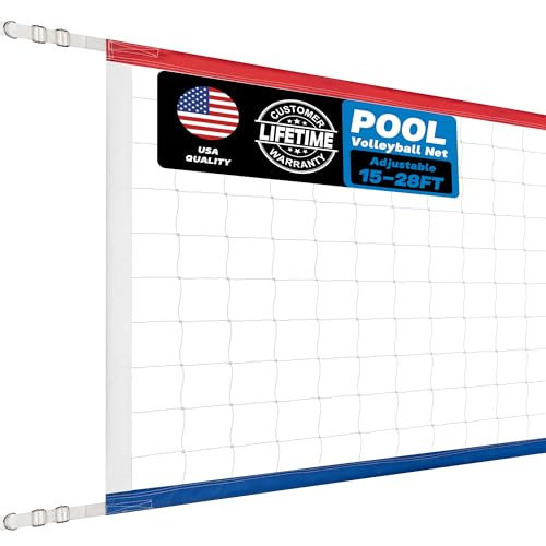Swimming Pool Volleyball Net Replacement Heavy Duty Extra-Long 15FT-28FT Adjustable Upgraded All-Weather+Waterproof Reinforced Borders and Durable Nylon Straps-15x3FT Red White Blue(Net Only)