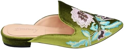 Emiwey Women's Green Velvet Backless Slip On Loafers Flats Embroidery Mule Slippers Shoes 8.5 M US | Image 1