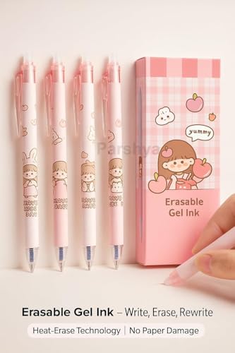 Image of Alokik 12 Pcs Cute Peach Girl Erasable Gel Pen Set 0.5mm Fine Tip Blue Ink - Cartoon Retractable Gel Pens with Eraser Tip, Smooth Writing Pens for Kids Girls School Office Supplies Stationery