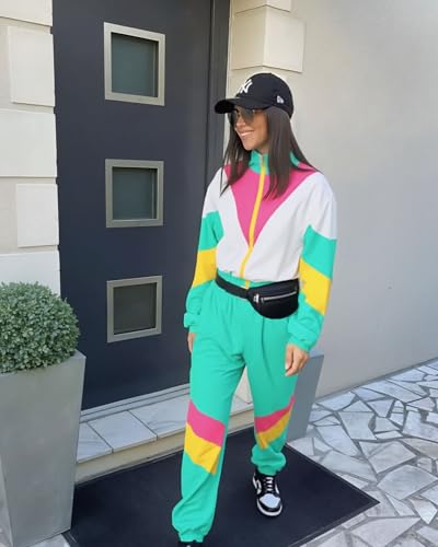 UOUA Frauen Farbe Block 2 Stück 80er 103er Outfits Langärmel Windbreaker Jacke Trainingsanzug Set Mintweiß XL