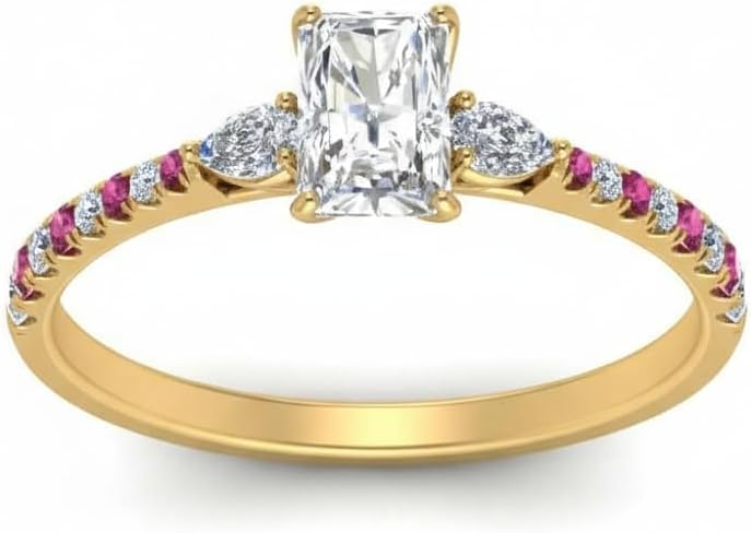 Choose Your Gemstone Pear 3 Stone Cathedral Diamond CZ Ring Yellow Gold Plated Radiant Shape Petite Engagement Rings Minimal Modern Design Birthday Gift Wedding Gift US Size 4 to 12