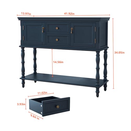 ARTPOWER Console Table with 2 Drawers, Retro Entryway Table with 2 Door Cabinets and Open Storage Shelf, Narrow Long Behind Couch Sofa Table for Living Room, Foyer, Hallway, Blue