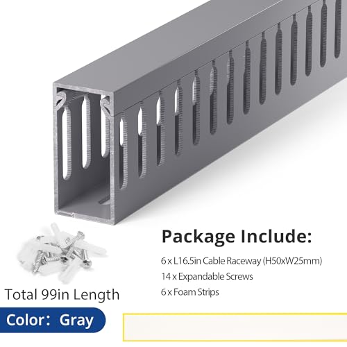 Image of ZhiYo 2 inch H x 1 inch W Cable Management Raceway, 99in Under Desk Channel, Grey | Slotted Wire Duct, 6Pack, 16.5in Each, Heavy-Duty PVC Cable Management for Server Racks, Network Cables & Electrical Cabinets