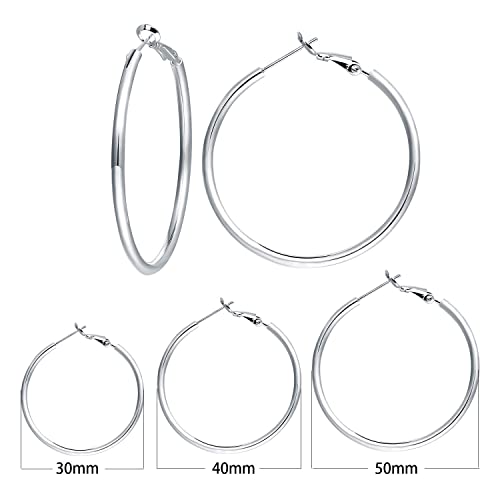 3 Pairs Silver Hoop Earrings-S925 Sterling Silver Hypoallergenic Large Hoop Earrings For Women Girls Valentine's Day Gift 30Mm/40Mm/50Mm #TOP4