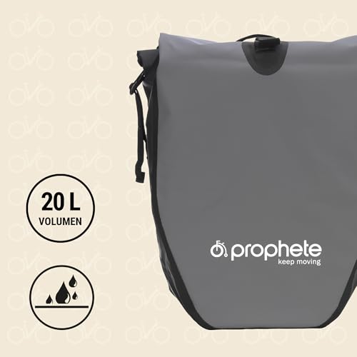 Prophete Boczna torba rowerowa Bike_Pannier, rower, 20 l, 100% wodoszczelna, torba na bagażnik z mocowaniem na haczyk, elementy odblaskowe, uchwyt do noszenia, szara
