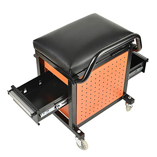E041 Padded Creeper Seat With Onboard Storage, Rolling Tool Box Chair With Storage Rack And Drawers, Mechanics Roller Seat With Storage Drawers And 2-1/2" Swivel Casters, 300 Lb. Capacity #TOP4