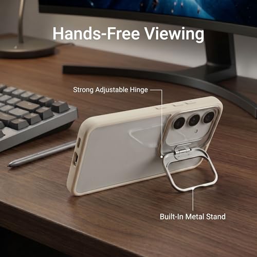 Image of amazon basics Frosted Matte Case for Samsung Galaxy A55 5G | Built-in Flip-Out Camera Lens Stand | Translucent Back with Contrast White Bumper | Shockproof Protective Cover with Foldable Kickstand