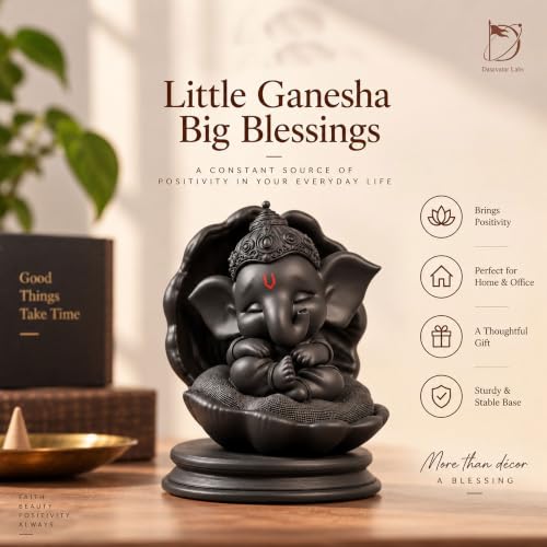 Image of Baby Ganesh Figurine Matte Black with Red Tilak, Car Dashboard & Desk Decor (60mm)