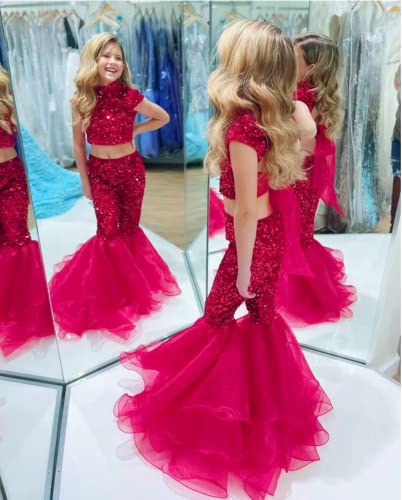ZHengquan Girls' Two Pieces Pageant Dress Sequins Bell Bottoms Little Kids Birthday High Neck Formal Party Gowns3