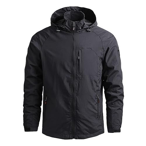 Generic Mens Rain Jackets Zip Up Hooded Waterproof Windbreakers Loose Lightweight Coats Lapel Fashion Clothes with Pocket