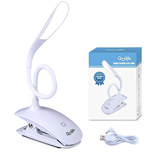 Rechargeable LED Book Light - Qoolife Ultra Bright 4 LED Clip on USB Rechargeable Reading Light with Adjustable Brightness, Protection Clamp Pad, Best for Reading at Night (White Reading Light)