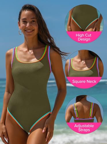 Image of popvil Women's One Piece Swimsuits Tummy Control -Slimming Bathing Suit Modest Neon Sport Swimwear 2026