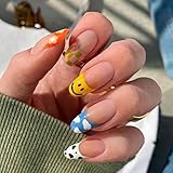 Aksod Glossy Colorful Fake Nails Almond Medium Cow Press on Nails Designed Rainbow Pre French Nails...