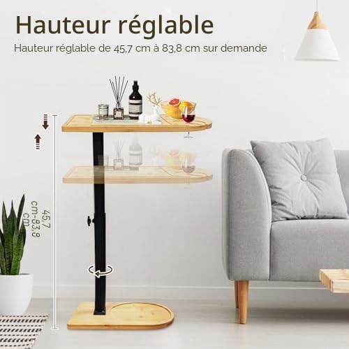 Table d'Appoint Forme C Bambou Métal Moderne Hauteur Réglable, Table d'Appoint de Lit, de Canapé, de Chevet, de Soins, pour Salon Chambre Salle de Bains, Style C