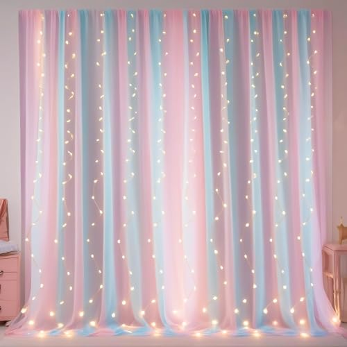 Eimilaly Rainbow Sheer Curtains with lIghts for Bedroom/Theme Party/Wedding/Photographic Background, Rod Pocket Sheer Curtains 84 inches Long Sheer Canopy for Girls Room Decor, 2 Panels