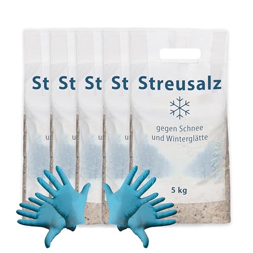 5x Streusalz/Auftausalz grobkörnig 5 kg + 2 paar Einweg Nitril-Handschuhe