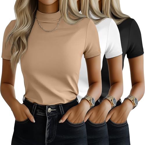 Ficerd 3 Pack Women's Mock Neck Shirts, Short Sleeve Turtleneck Tops Casual Comfy T Shirts Stretch Fitting Trendy Tee Blouse
